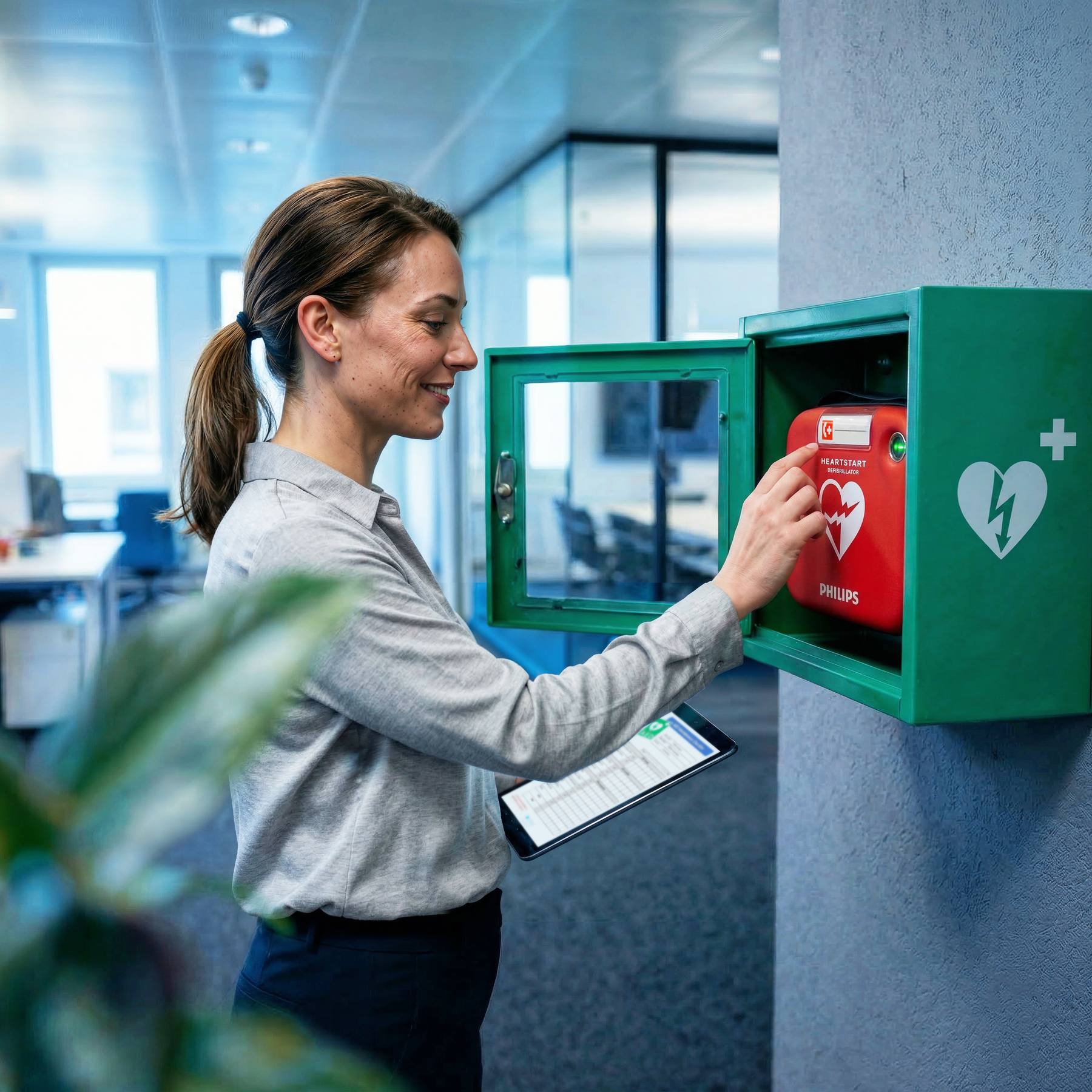 Facility manager controleert AED-kast met tablet