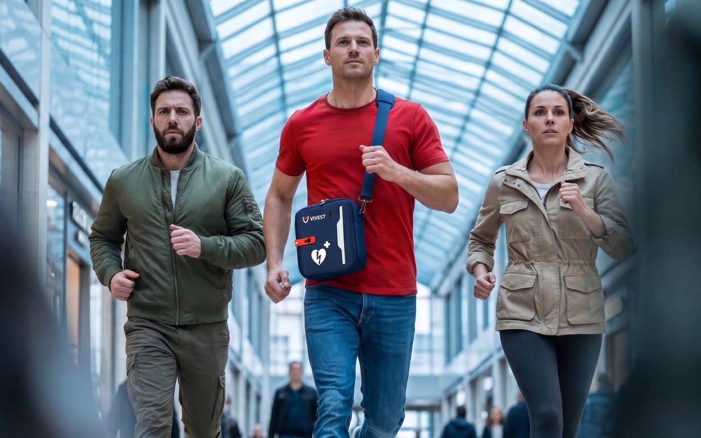 Drie collega's snellen met AED-tas door een publieke hal