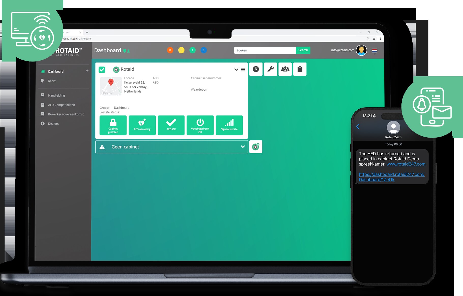 Rotaid 24/7 dashboard op laptop en SMS-alert op telefoon